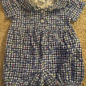 Vintage Baby B'gosh Blue and White Checkered Flower and Heart Bubble Romper